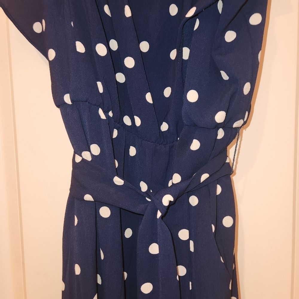 June & Hudson Navy Jumpsuit White Polka Dots Size L/XL Flutter Sleeves Wide Leg - Picture 3 of 9